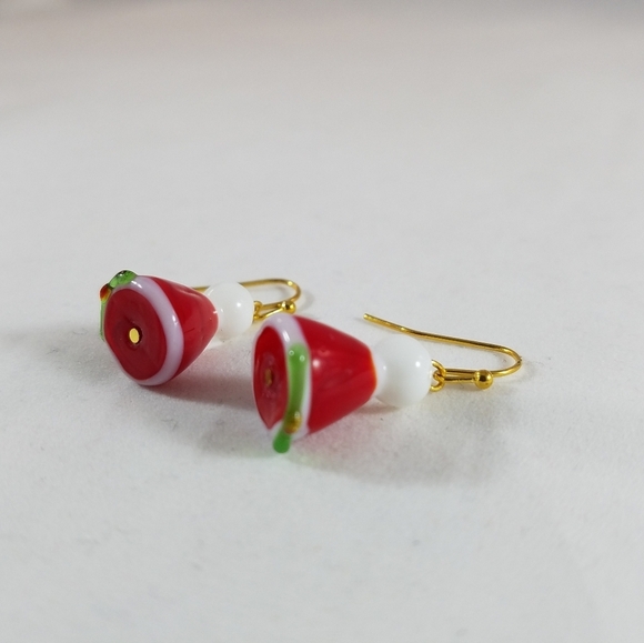 Hand Crafted Earrings Santa Hat Red White Green Pierced Dangle - Picture 4 of 5